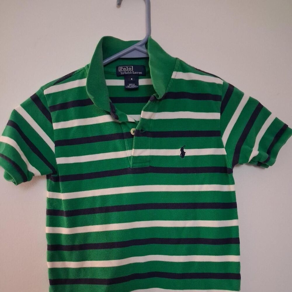 Polo Ralph Lauren Boys Size 4 Green Navy White Striped Polo Shirt